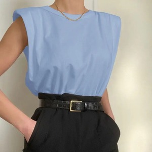 Camiseta lisa de gran tamaño con cuello redondo para mujer, Camiseta de algodón con hombrera, ropa de moda sin mangas, señora de la Oficina - Product Image 5