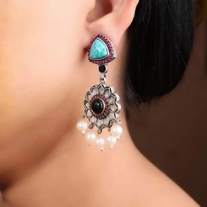 Vintage Style Oxidized Earrings With Turquoise Color Stone And Pearl Drops Ethnic Fashion Jewelry - Product Image 4