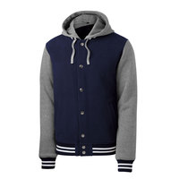 Blouson universitaire à capuche pour homme, bleu marine et gris, en polaire, avec fermeture à boutons-pression, ourlet côtelé et poignets rayés, vêtement d'extérieur décontracté, fabricant