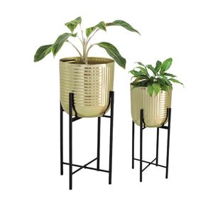 Jardinière ronde en métal doré martelé avec support Lot de 2 pots de fleurs d'intérieur/extérieur modernes et durables pour la décoration de bureau et de jardin - Product Image 3