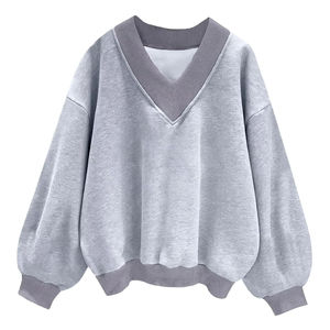 Pull en molleton doux à col en V à capuche pour femme, imprimé personnalisé, manches longues, bordure contrastée, haut décontracté, vêtements décontractés pour tous les jours - Product Image 1