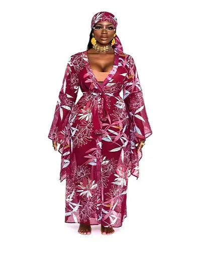 Plus size wrap up kaftan for plus size women flare sleeve and ties printed cover up for casual wear and lounging