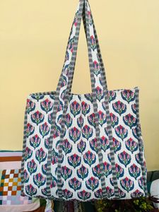 100% Pure Cotton <b>Summer</b> Floral Small Tote Bag for Women with Zipper Closure Indian <b>Quilted</b> Design Grocery Organizer - Product Image 4