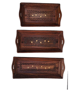 Precio de fábrica directo Bandeja de madera hecha a mano Diseño de latón cachemir para servir café Frutas Agua Cocina Comida Entretener a los invitados - Product Image 2