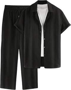 Conjunto de 2 Piezas para Hombre, Camisa de Manga Corta con Botones y Pantalones Holgados, Atuendo para Vacaciones de Verano en la Playa - Product Image 1