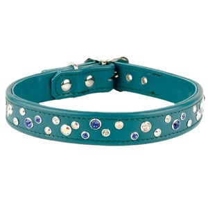 Saman Exports Premium Quality Leather Dog Collar With Blue & White Crystals <b>Studs</b> Work Manufacturer Supplier All Sizes Available - Product Image 1