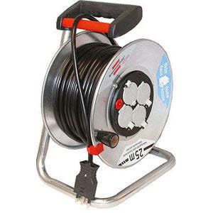 Heavy-Duty Industrial Cable Reel with 25m PC Cable and 6 AC Outlets Rustproof Galvanized Steel Complete with UK Plug-4473GV25 - Product Image 1