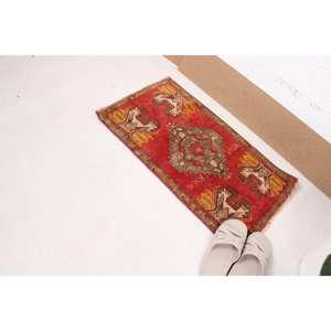 Turkish Small Rug 1.4x2.5 ft, Red <b>Yellow</b> Patchwork Rug <b>Wool</b> - Product Image 1