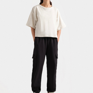 Pantalon en coton pour femme de qualité supérieure, coupe régulière, fermeture à cordon, tissu en toile, plat, respirant, séchage rapide pour l'automne - Product Image 1
