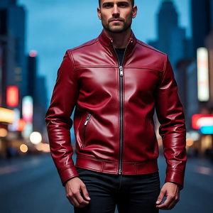 แจ็กเก็ตหนังแฟชั่นสำหรับผู้ชายแจ็กเก็ตหนังพียูคอตั้งมีซิปหลายกระเป๋า - Product Image 1