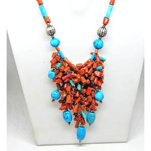 Genuine Coral and <b>Turquoise</b> Necklace <b>Beaded</b> Multi Gemstone Jewelry with Diamond Pearl Sterling Silver Chains Model NL0002-GS - Product Image 3