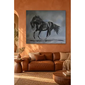 Impression sur toile de cheval noir Fida courant dans le vent sur fond gris - Product Image 2
