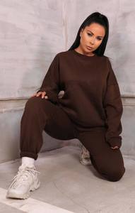 ชุดวอร์ม2ชิ้นสำหรับผู้หญิงชุดวอร์มเสื้อคอกลมแขนสั้นมีฮู้ดและกางเกงวอร์มสำหรับผู้หญิงสีช็อกโกแลต - Product Image 4