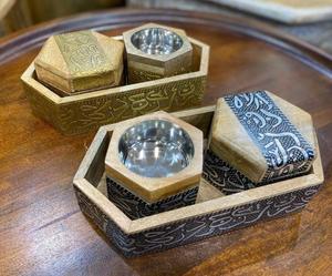 Nouveau produit moyen-orient moderne en bois et résine Bakhoor brûleur ensemble boîte avec plateau Medkhan porte-encens - Product Image 5