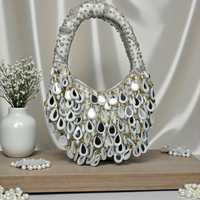Pochette de soirée perlée avec franges et miroirs, faite à la main, élégante, pour soirée, avec bandoulière, doublure en satin, légère