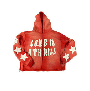 Sweat à capuche court vintage personnalisé 100 % coton avec fermeture éclair, effet vieilli, broderie appliquée, patch, délavage acide, pour homme, avec poche discrète - Product Image 1