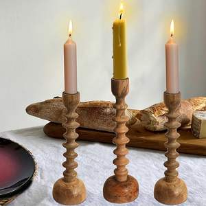 Portavelas de madera tallada a mano, Juego de 3 portavelas de madera de mango de aspecto Premium para decoración interior y exterior al precio más bajo - Product Image 1