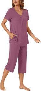 Conjunto de pijama de Modal de talla grande para mujer, ropa de dormir sin mangas con cuello en V, ropa de dormir corta con ribete de encaje, ropa de dormir teñida lisa, cintura suave con cordón - Product Image 3
