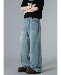 กางเกงยีนส์ขาตรงทรงขาตรงสำหรับผู้ชายเสื้อผ้าแนวสตรีทสวมใส่สบายแฟชั่นฤดูร้อนสีฟ้าอ่อน - Product Image 4