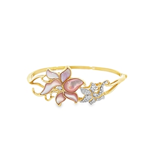 Elegant 14k Yellow Gold Floral Pink Mother of Pearl Inlay Hinged Bangle with Diamond As an Elegant Fine Bangle Gift | OEM - Product Image 1