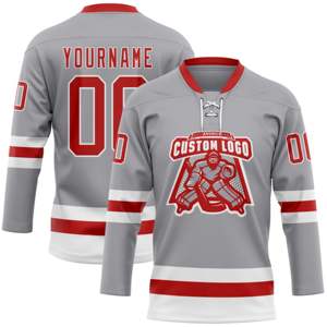 OEM Custom Manufacture Wholesale Custom Gray <b>Red</b>-<b>White</b> High Quality Hockey Lace Neck Jersey <b>Stripe</b> Wear Ice Hockey Jersey - Product Image 2