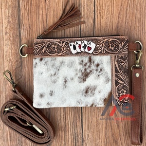 Western Tooled Leather Wristlet <b>Mini</b> Crossbody Aces Bag for Women's Genuine Leather Leather Tassel Pouch Cowhide Floral Handbag - Product Image 1