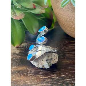 Mark Barney Blue Opal <b>Man</b>-Made & Sterling <b>Silver</b> Adjustable <b>Ring</b> Rose Gold Plated Bezel Setting - Product Image 4