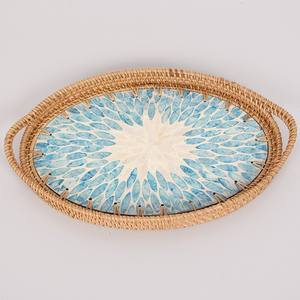 Recién llegado, bandeja azul artesanal de nácar, bandeja Ovalada para servir con ratán, cocina multiusos, comedor, regalo de mesa - Product Image 2