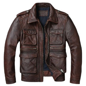 Nouvelle arrivée, vente en gros, veste en cuir véritable élégante, logo personnalisé ODM, col montant, pour hommes, avec impression en relief sur le devant - Product Image 1