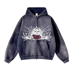 Achetez un sweat à capuche zippé Streetwear Hallowmas 360 GSM délavé à l'acide Y2K pour homme, sweat à capuche surdimensionné pour homme - Product Image 5
