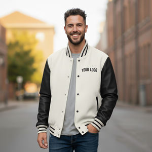 Chaqueta Universitaria de Hombre de Alta Calidad, 100% Lana, Mangas de Cuero, Transpirable, Informal para Exteriores, Larga, de Dos Tonos, para Invierno - Product Image 1