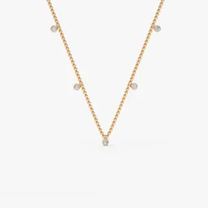 14k 18k Real Solid Yellow Gold 2MM Bead Necklace with 0.36ctw Dangling Bezel Setting 4 Diamond Facet Bead Chain Necklace Jewelry