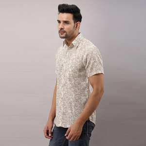Beige Regular Men's Cotton Printed <b>Shirt</b> <b>Button</b>-Up Collar Short Sleeves Breathable Poplin Fabric New Condition Digital Single - Product Image 3