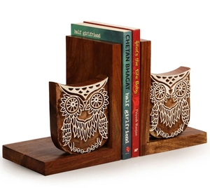 Fin de livre de hibou gravé à la main en bois de sheesham serre-livres d'échecs décoratifs pour étagères serre-livres 2pack organisateur en bois robuste - Product Image 5
