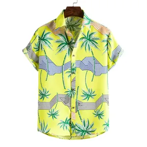 纽扣衬衫沙滩男士沙滩上衣休闲印花夏季男士花朵衬衫3D印花休闲沙滩衬衫