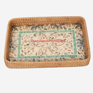 Plateau de service rond en rotin de haute qualité avec incrustation de mosaïque en nacre naturelle et poignées plateau écologique pour un usage domestique - Product Image 2