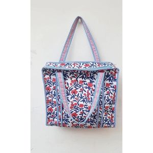 กระเป๋าโท้ทผ้าฝ้ายบุซิปพิมพ์ลายดอกไม้แบบแฮนด์บล็อก ขนาด 14x16 นิ้ว - Product Image 4