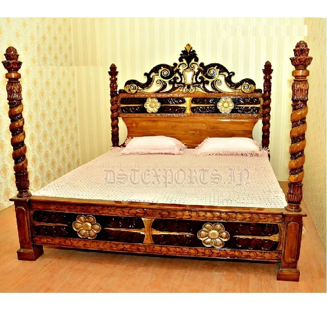 เตียงไม้สักสี่เสาพรีเมี่ยมพร้อมโต๊ะข้างเตียงสไตล์โบราณเตียงไม้แกะสลักสี่เสาสไตล์เตียงโบราณ