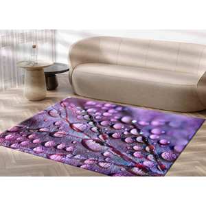 Tapis imprimé feuilles violettes et gouttes d'eau, design floral moderne, avec poils doux - Product Image 2