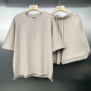 2025 américain lourd couleur unie petit décolleté T-shirt à manches courtes hommes été 425G Shorts Sports et loisirs costume ample - Product Image 6