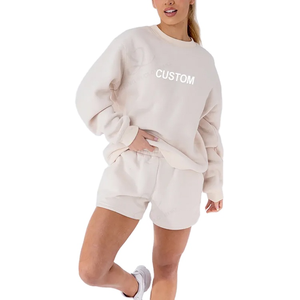 Conjunto de 2 Piezas de Sudadera y Pantalones Cortos Deportivos Casuales de Algodón con Logotipo Personalizado para Mujer, Fabricantes de Ropa - Product Image 1