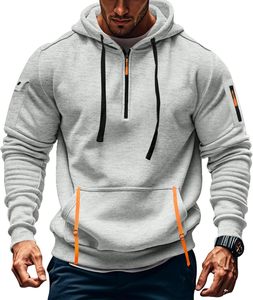 Pull-over athlétique basique à manches longues et fermeture éclair pour hommes, sweat-shirt d'entraînement en polaire d'hiver avec poche kanga - Product Image 1