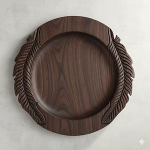 Assiette de service en bois de noyer sculptée à la main avec détails plumeux, style vintage, plateau décoratif en bois, vente en gros - Product Image 1