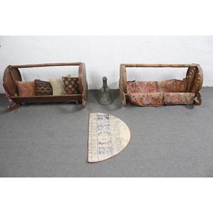 Tapis rond turc vintage 2,5x1,5 pi (75x45 cm), tapis bleu avec motifs de plantes et d'arbres - Product Image 3