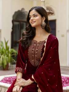 Conjunto de Salwar con Bordado Étnico de Terciopelo para Mujer, Marca Trendmalls, con Dupatta para Fiestas (G321-Marrón)-Materiales Reciclados - Product Image 5