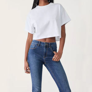 Camiseta recortada de algodón 100% para mujer en diferentes tamaños y colores, Camiseta corta ligera transpirable con cuello redondo - Product Image 1