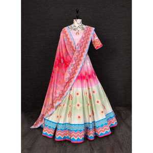 Vêtements Ethniques Meilleur Tissu Dernière Collection Soie Lehenga Choli Avec Dupatta Avec Oeuvre Imprimée Fabricant De L'Inde - Product Image 1
