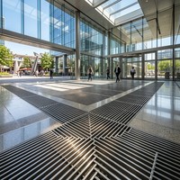 Marches d'escalier de sécurité en acier inoxydable conformes à la norme OSHA, avec nez de marche abrasif argenté et grille galvanisée, pour extérieur moderne, destinées aux plateformes pétrolières et gazières