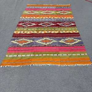 พรมคิลิมตุรกีขนาดใหญ่ 5.4x8.9 ฟุต (166x272 ซม.) พรมอิคัตสีส้มวินเทจ - Product Image 1