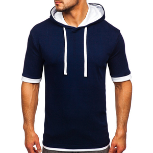 Camiseta con Capucha de Manga Corta Azul Marino para Hombre, con Ribete Blanco en Contraste, Logotipo Frontal, Transpirable, Corte Regular, Estilo Casual, Tejido de Punto - Product Image 1